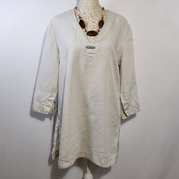 Grace Elements Women's Size 8 Oatmeal 100% Linen 3/4 Sleeve V-Neck Vented  Top - Picture 1 of 14